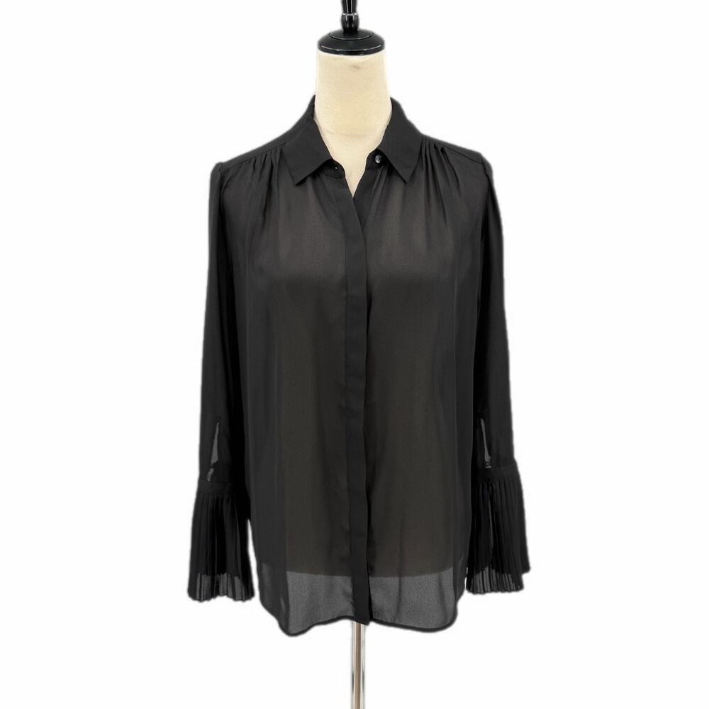 Frame Sheer Solid Black Silk Long Sleeve Button Up Pleated Corpcore Basic Blouse